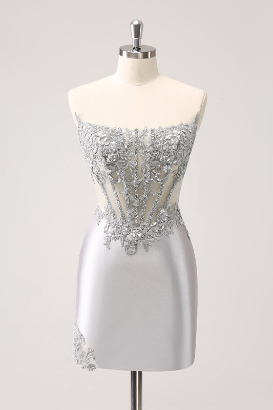Sparkly Strapless Corset Silver Floral Tight Short Homecoming Dress
