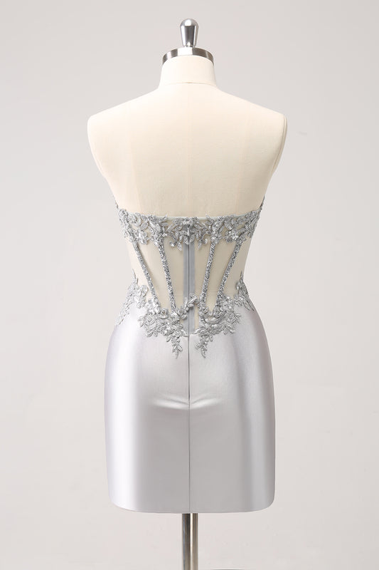 Sparkly Strapless Corset Silver Floral Tight Short Homecoming Dress