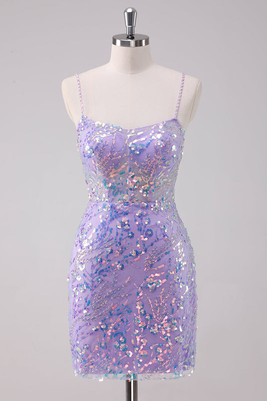 Zapakasa Women Sparkly Purple Sequins Homecoming Dress Spaghetti Straps Tight Short Cocktail Dress