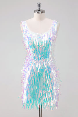 Sparkly White Square Neck Tight Short Homecoming Dress with Fringes