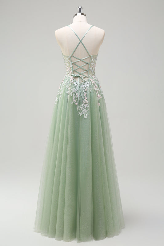 Sage Floral Spaghetti Straps Long Prom Dress with Lace