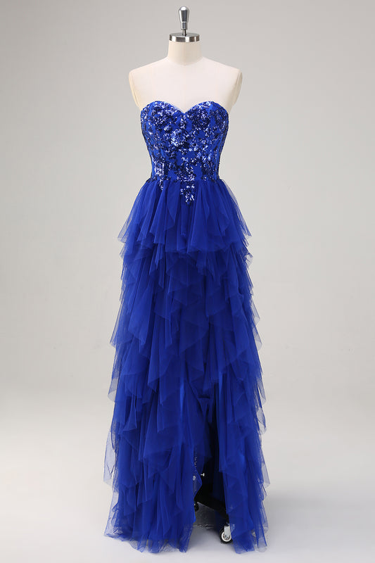 Royal Blue A-Line Sequined Ruffles Sweetheart Long Prom Dress with Slit