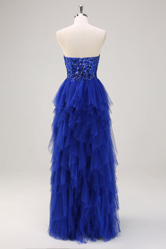 Royal Blue A-Line Sequined Ruffles Sweetheart Long Prom Dress with Slit
