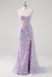 Sparkly Light Purple Mermaid Floral Sweetheart Long Prom Dress with Slit Sparkly Light Purple Mermaid Floral Sweetheart Long Prom Dress with Slit