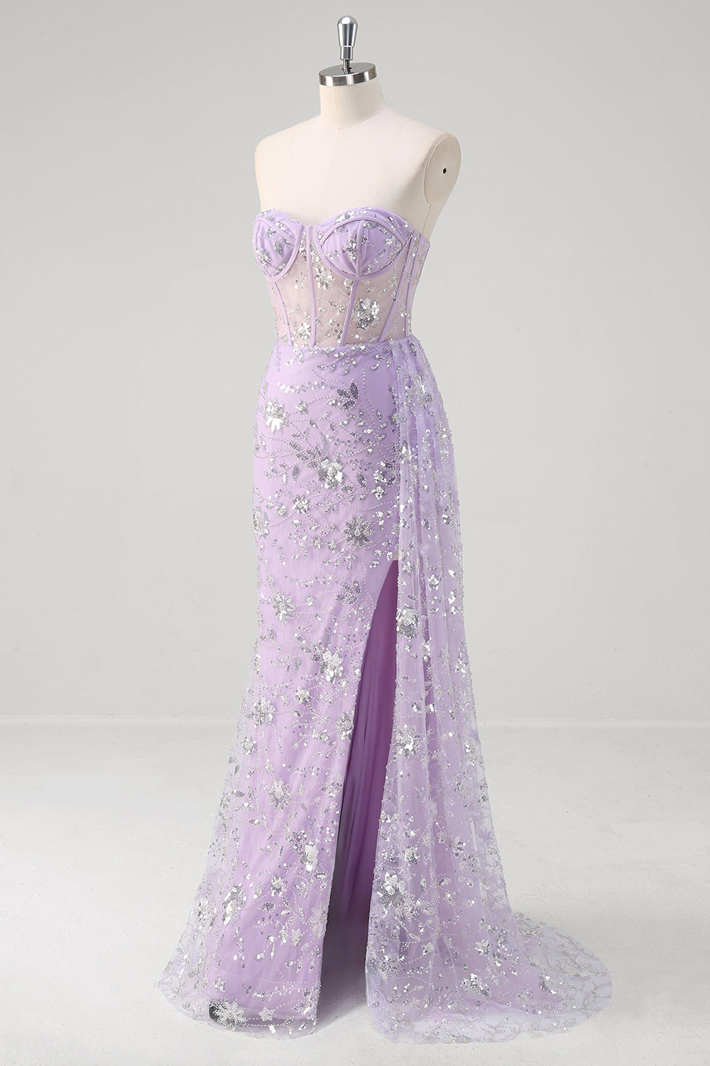 Sparkly Light Purple Mermaid Floral Sweetheart Long Prom Dress with Slit Sparkly Light Purple Mermaid Floral Sweetheart Long Prom Dress with Slit