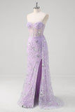 Sparkly Light Purple Mermaid Floral Sweetheart Long Prom Dress with Slit Sparkly Light Purple Mermaid Floral Sweetheart Long Prom Dress with Slit