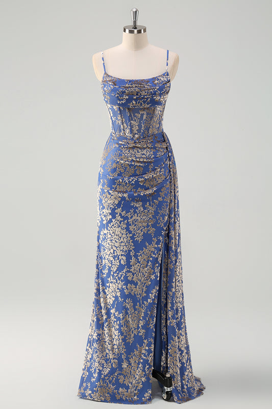 Blue Burnt Out Velvet Spaghetti Straps Sheath Bridesmaid Dress With Slit