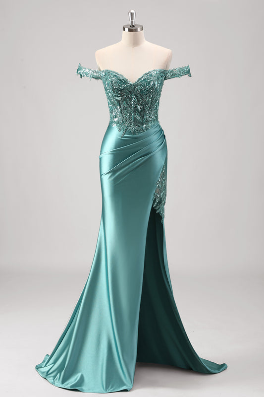 Grey Green Mermaid Applique Satin Prom Dress Off The Shoulder Formal Dress with Slit