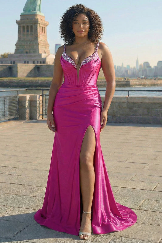 Sparkly Plus Size Fuchsia Satin Long Corset Prom Dress with Slit