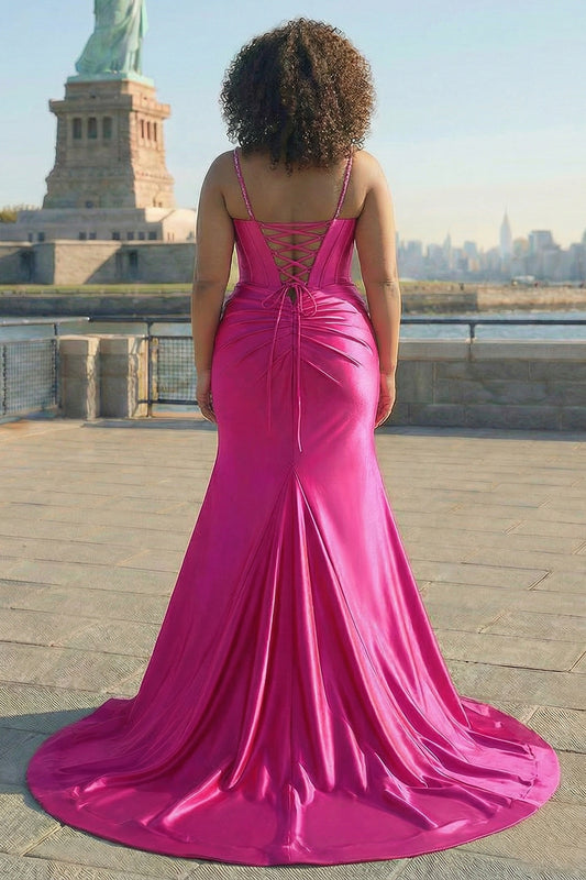 Sparkly Plus Size Fuchsia Satin Long Corset Prom Dress with Slit