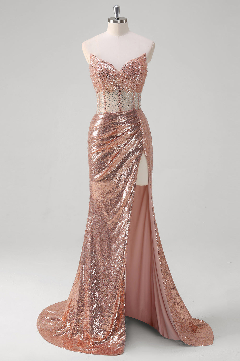 Zapakasa Women Sparkly Rose Golden Mermaid Prom Dress Sweetheart Sequined Formal Dress with Slit Zapakasa Women Sparkly Rose Golden Mermaid Prom Dress Sweetheart Sequined Formal Dress with Slit