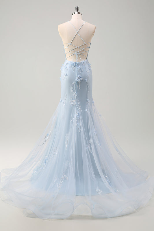 Floral Blue Mermaid Long Corset Prom Dress with 3D Flowers Sequined Tulle Lace Up Back Formal Dress