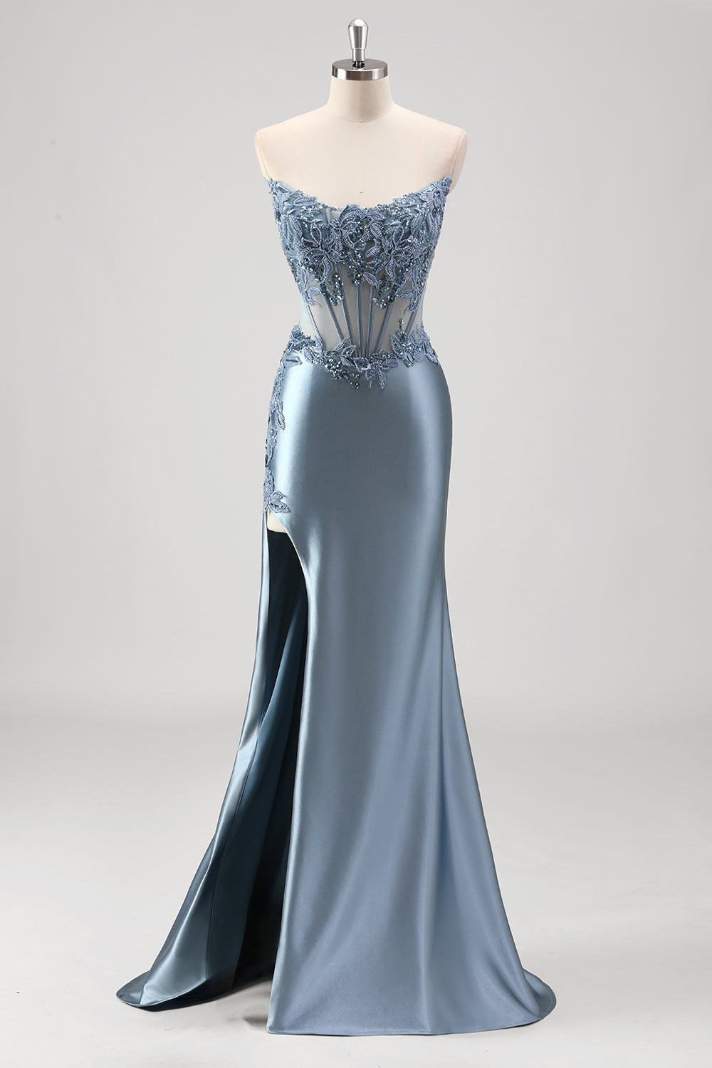 Zapakasa Women Grey Blue Mermaid Applique Prom Dress Beaded Satin Long Formal Dress with Slit Zapakasa Women Grey Blue Mermaid Applique Prom Dress Beaded Satin Long Formal Dress with Slit