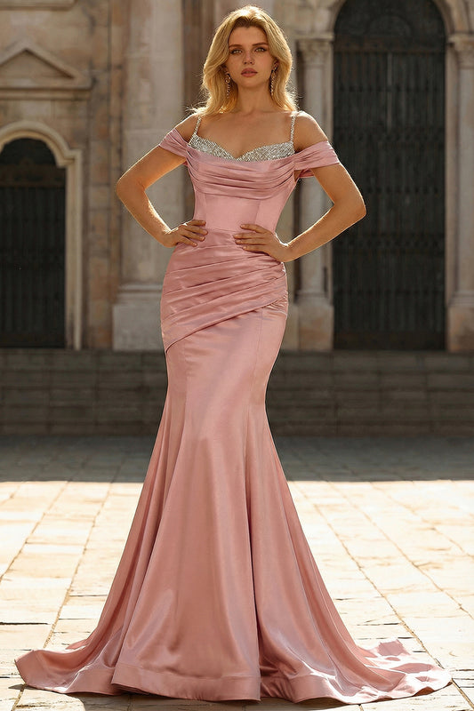 Pink Satin Cold Shoulder Mermaid Long Prom Dress