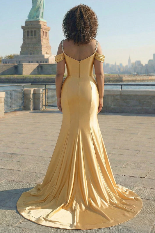 Golden Plus Size Mermaid Satin Cold Shoulder Long Prom Dress