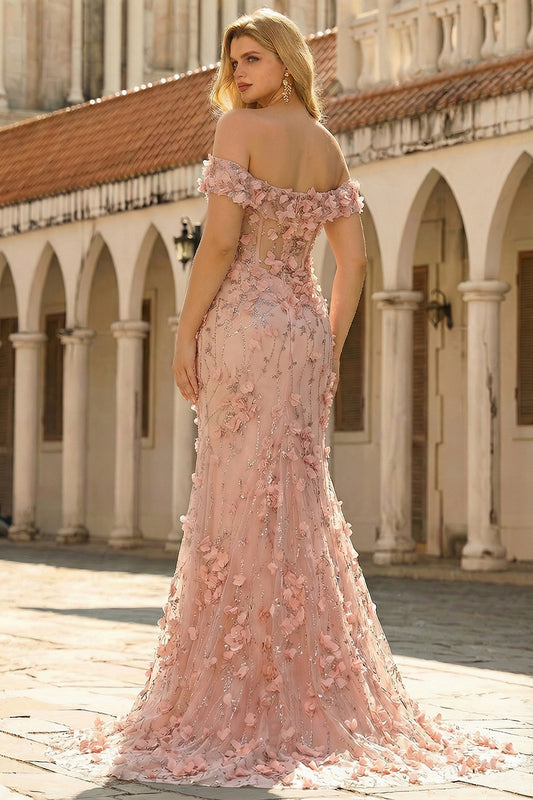 Plus Size Floral Blush Off the Shoulder Mermaid Slit Long Prom Dress