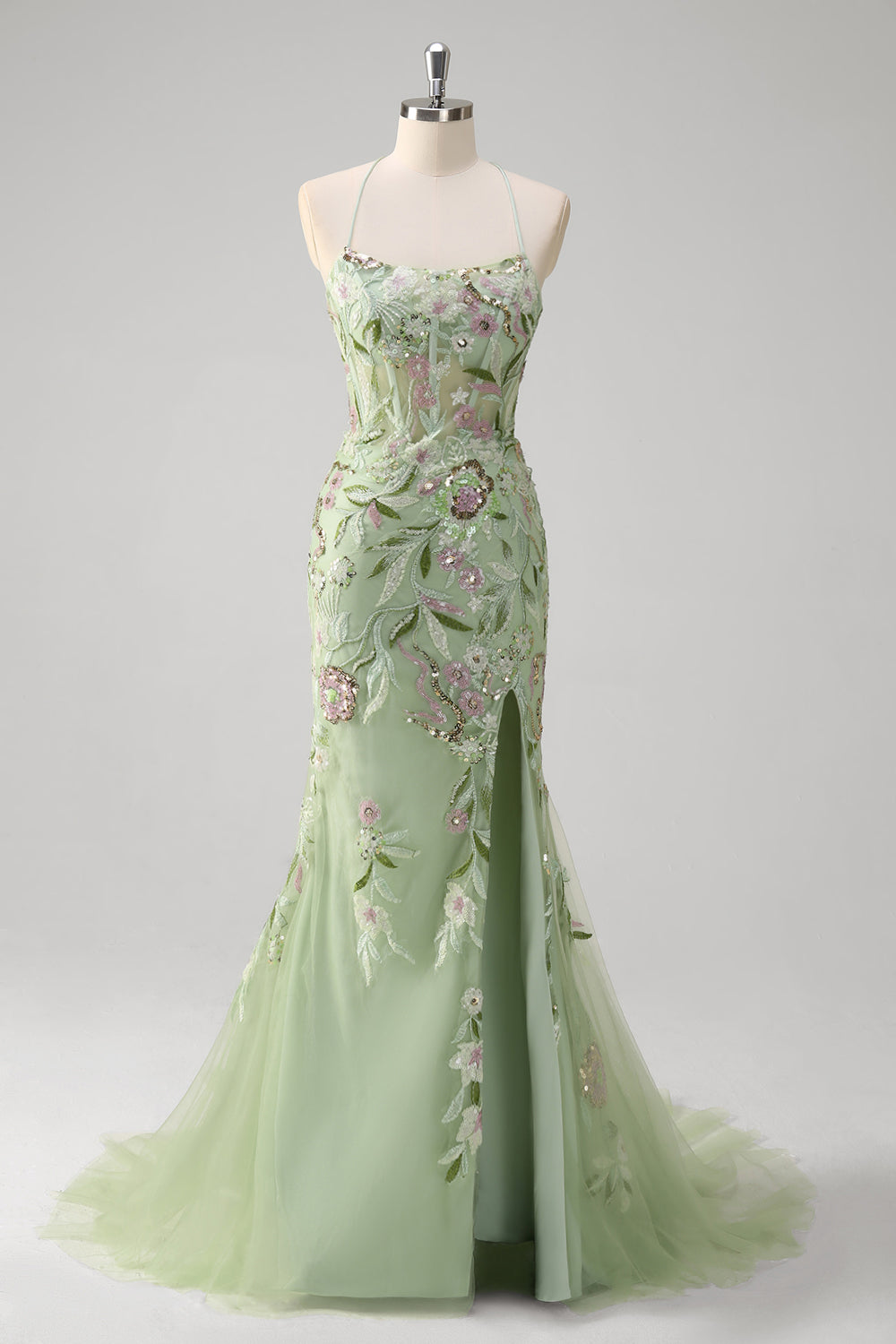 Zapakasa Women Green Floral Mermaid Applique Prom Dress Spaghetti Straps Corset Evening Dress with Slit Zapakasa Women Green Floral Mermaid Applique Prom Dress Spaghetti Straps Corset Evening Dress with Slit