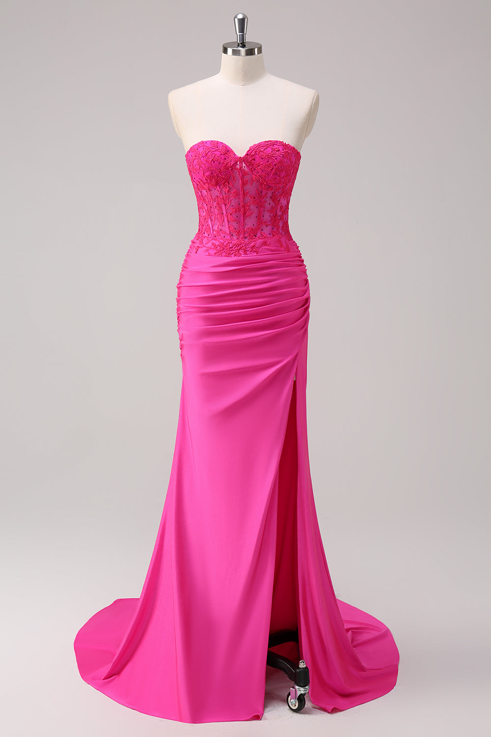 prom dresses fuchsia Zapakasa Women Fuchsia Strapless Corset Mermaid Long Prom Dress with Slit Beaded Appliqued Evening Dress