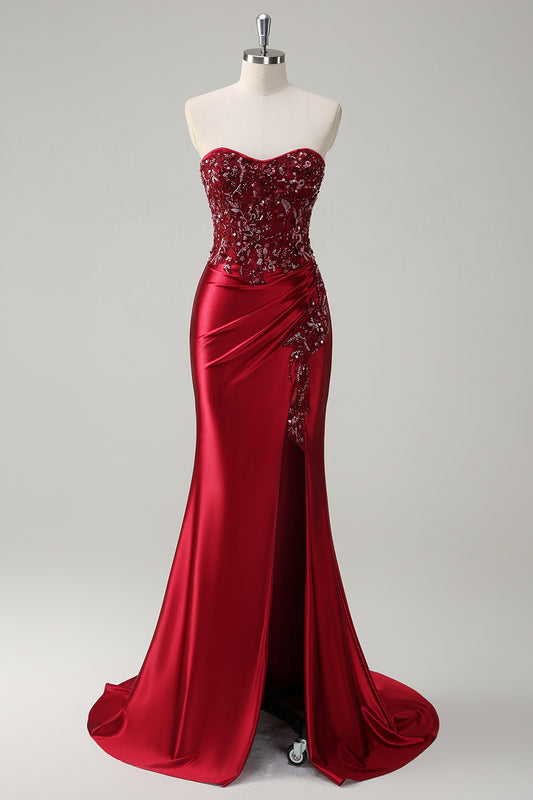 Sparkly Burgundy Floral Mermaid Long Prom Dress with Slit Beaded Corset Formal Wedding Guest Dress