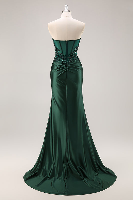 Sparkly Dark Green Corset Satin Mermaid Long Prom Dress with Slit