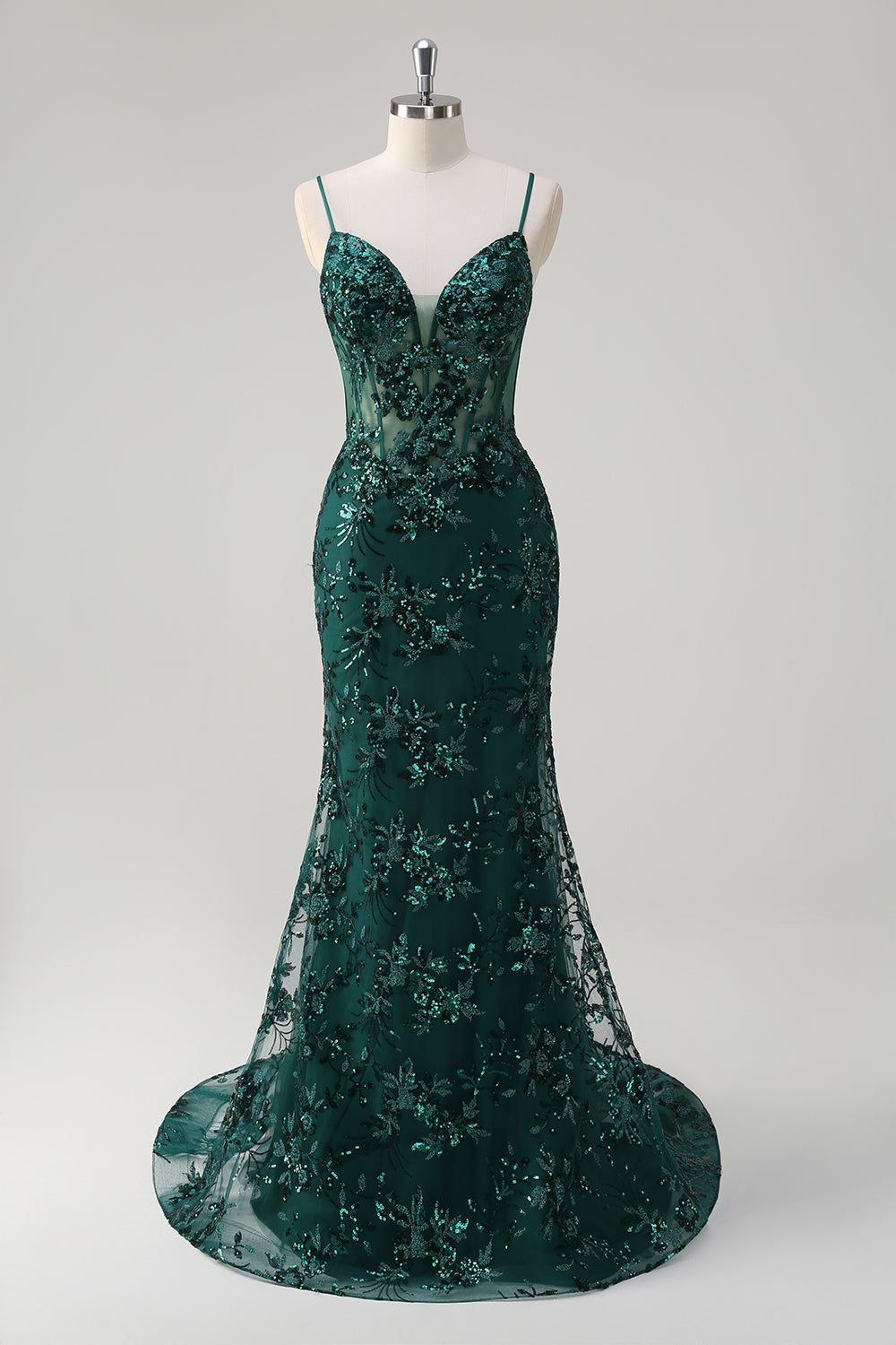 Zapakasa Women Sparkly Dark Green Floral Mermaid Prom Dress Spaghetti Straps Evening Dress with Appliques Zapakasa Women Sparkly Dark Green Floral Mermaid Prom Dress Spaghetti Straps Evening Dress with Appliques