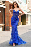 Sparkly Mermaid Royal Blue Spaghetti Straps Corset Sequin Long Prom Dress with Embroidery Sparkly Mermaid Royal Blue Spaghetti Straps Corset Sequin Long Prom Dress with Embroidery