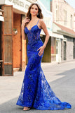 Sparkly Mermaid Royal Blue Spaghetti Straps Corset Sequin Long Prom Dress with Embroidery Sparkly Mermaid Royal Blue Spaghetti Straps Corset Sequin Long Prom Dress with Embroidery