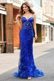 Sparkly Mermaid Royal Blue Spaghetti Straps Corset Sequin Long Prom Dress with Embroidery Sparkly Mermaid Royal Blue Spaghetti Straps Corset Sequin Long Prom Dress with Embroidery