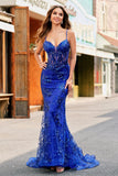 Sparkly Mermaid Royal Blue Spaghetti Straps Corset Sequin Long Prom Dress with Embroidery Sparkly Mermaid Royal Blue Spaghetti Straps Corset Sequin Long Prom Dress with Embroidery