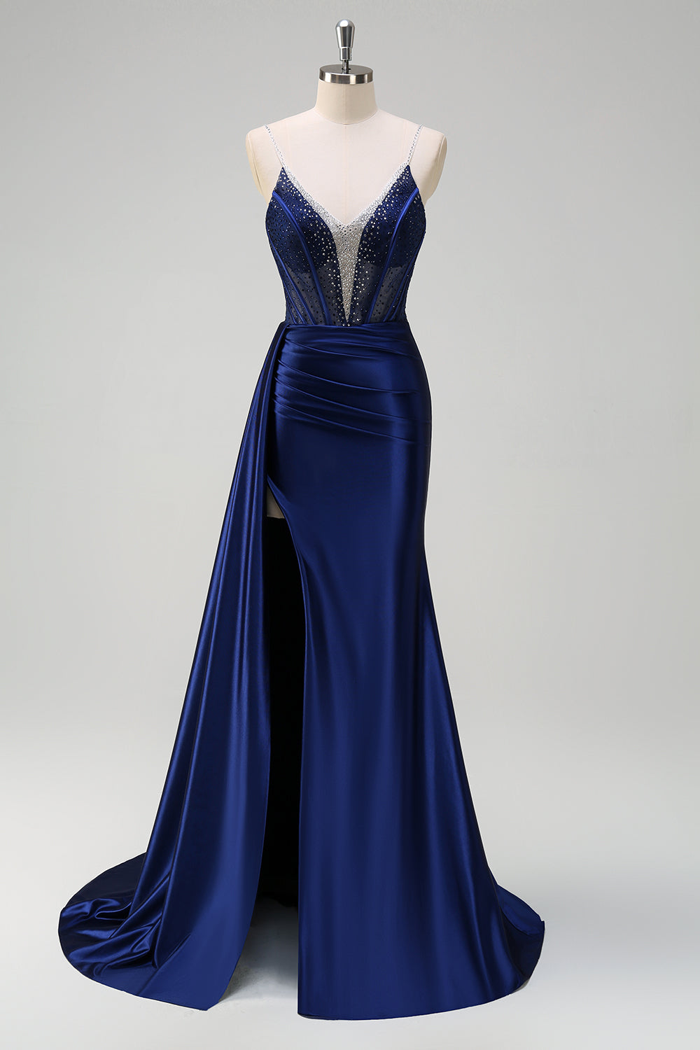 Zapakasa Women Navy Mermaid Beaded Prom Dress Spaghetti Straps Corset Evening Dress with Slit Zapakasa Women Navy Mermaid Beaded Prom Dress Spaghetti Straps Corset Evening Dress with Slit