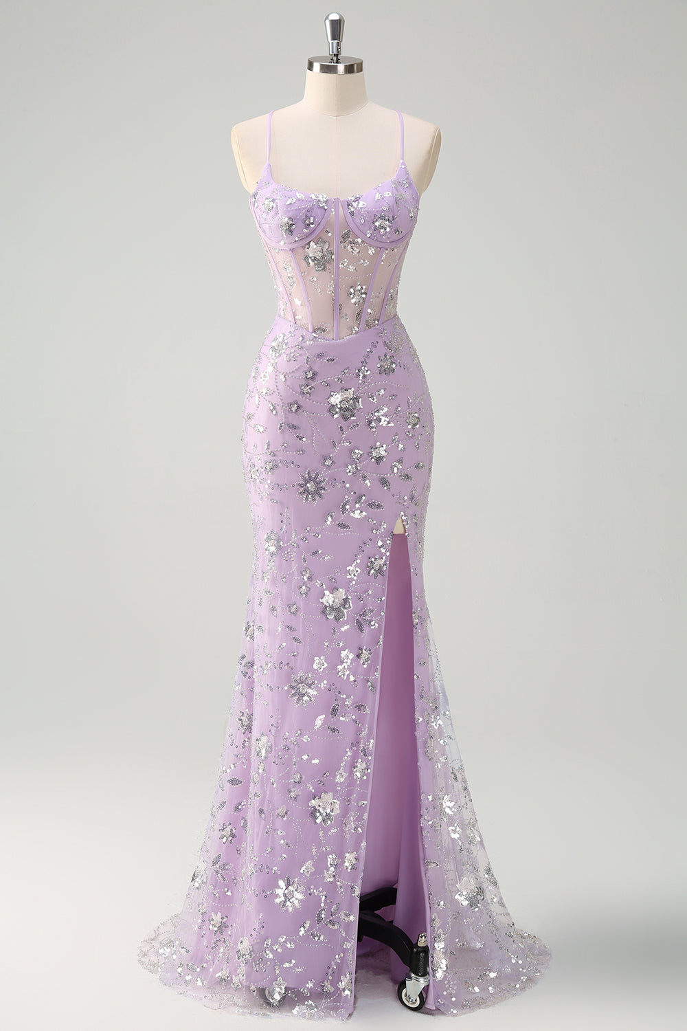Zapakasa Women Sparkly Lilac Mermaid Prom Dress Spaghetti Straps Corset Party Dress with Slit Zapakasa Women Sparkly Lilac Mermaid Prom Dress Spaghetti Straps Corset Party Dress with Slit