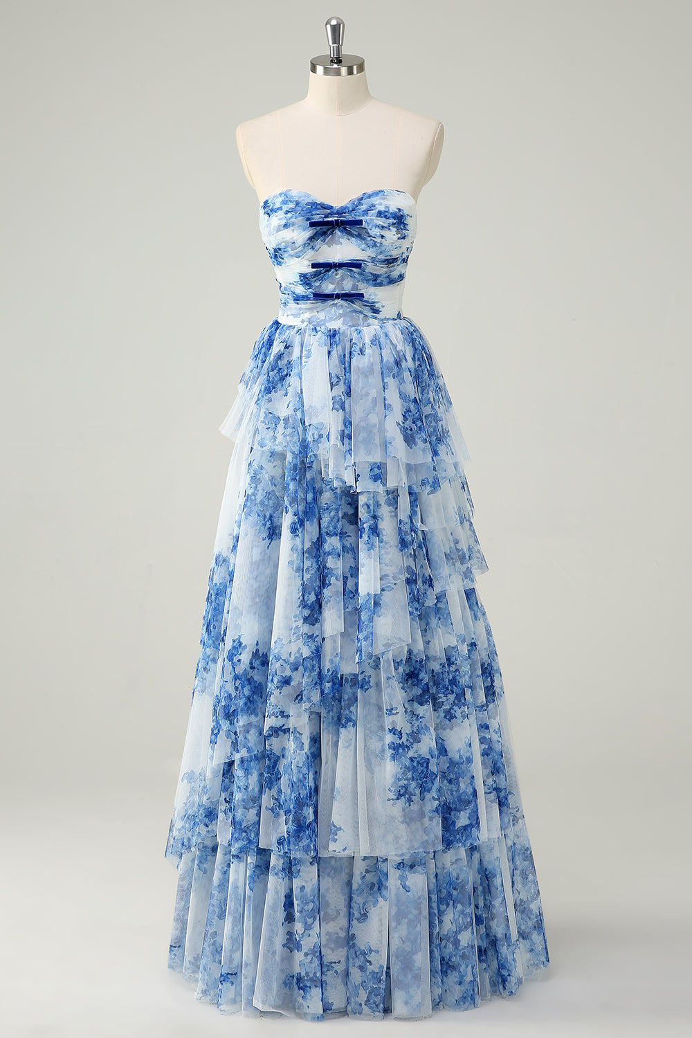 Zapakasa Women White Blue Flower Tiered Prom Dress A-Line Sweetheart Ruche Formal Dress Zapakasa Women White Blue Flower Tiered Prom Dress A-Line Sweetheart Ruche Formal Dress