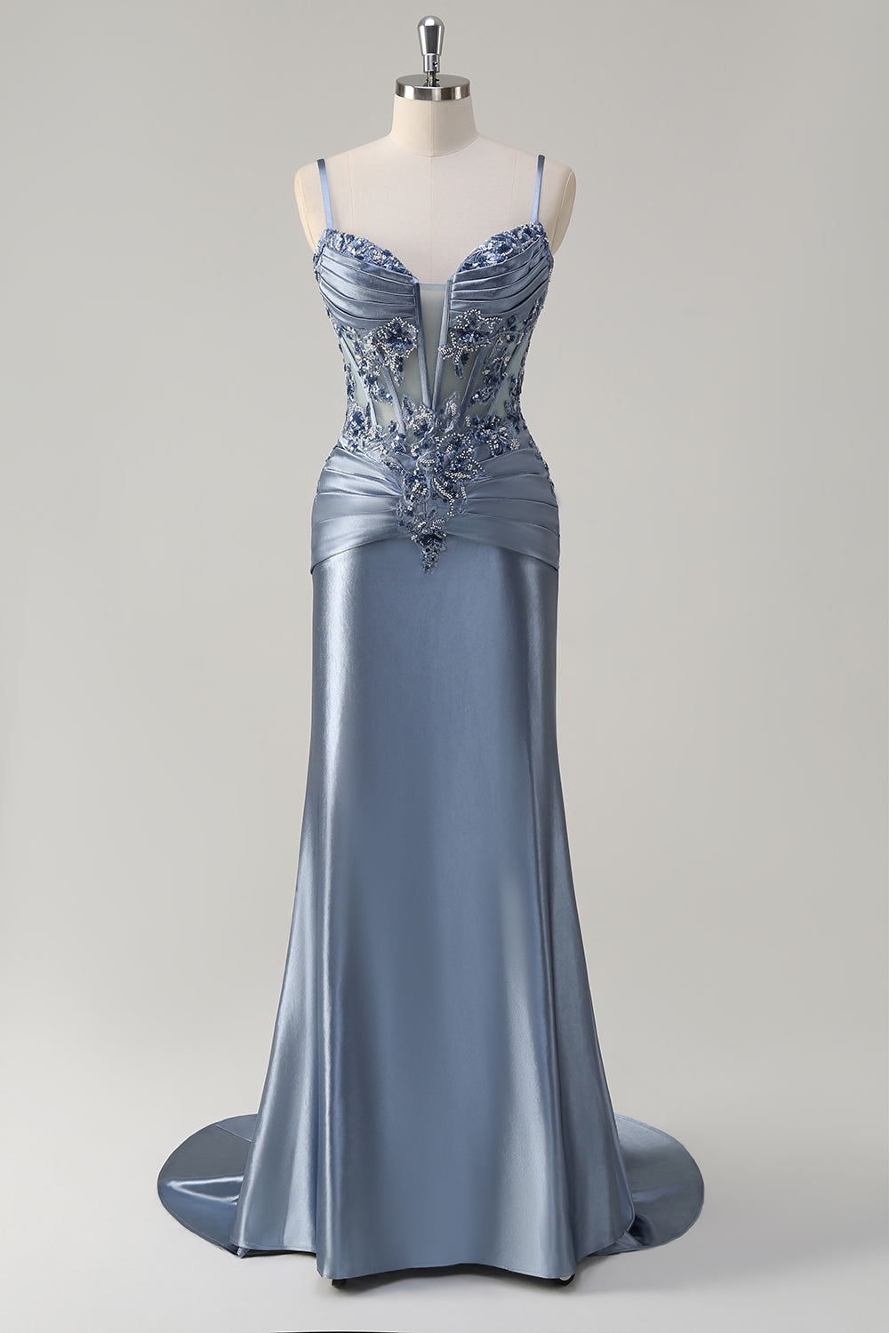 gray blue prom dress ZAPAKA Women Sparkly Grey Blue Long Prom Dress Mermaid Spaghetti Straps Corset Appliques Satin Evening Dress, Grey Blue / US14
