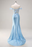 Sky Blue Off The Shoulder Mermaid Corset Floral Long Prom Dress with 3D Flowers Sky Blue Off The Shoulder Mermaid Corset Floral Long Prom Dress with 3D Flowers