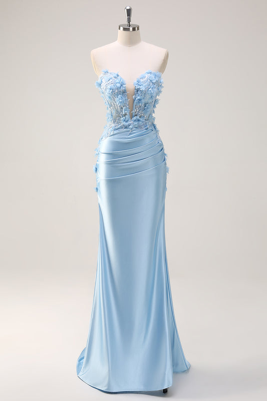 Sky Blue Floral Sheath Prom Dress Sweetheart Satin Evening Dress with Slit