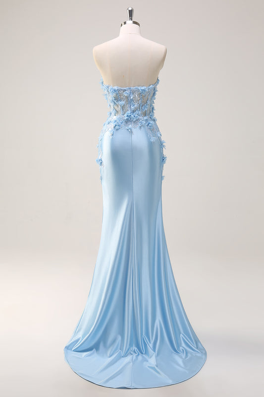 Sky Blue Sheath Floral Sweetheart Long Prom Dress with Slit