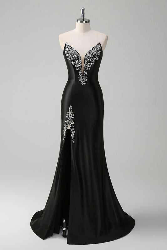 Sparkly Black Mermaid Beaded Long Prom Dress with Slit