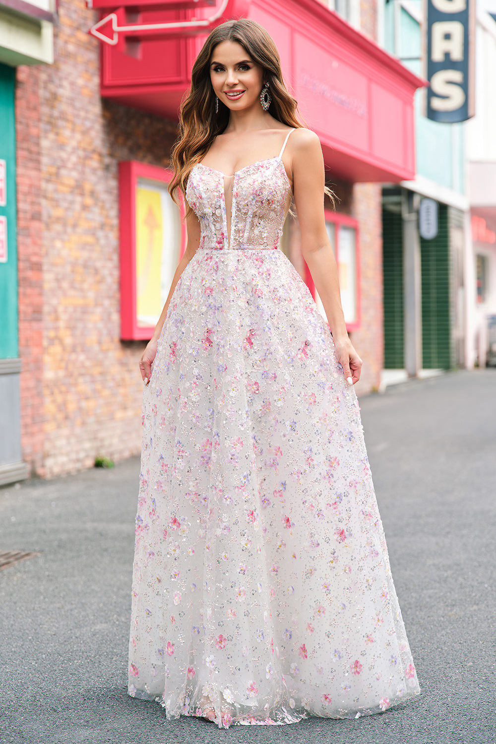 Stylish Pink A Line Spaghetti Straps Floral Beaded Prom Dress with Lace Up Back Stylish Pink A Line Spaghetti Straps Floral Beaded Prom Dress with Lace Up Back