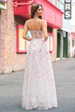 Stylish Pink A Line Spaghetti Straps Floral Beaded Prom Dress with Lace Up Back Stylish Pink A Line Spaghetti Straps Floral Beaded Prom Dress with Lace Up Back