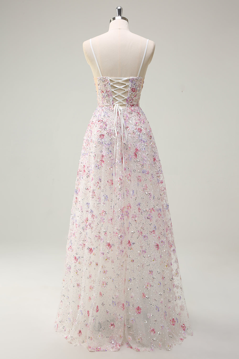 Stylish Pink A Line Spaghetti Straps Floral Beaded Prom Dress with Lace Up Back Stylish Pink A Line Spaghetti Straps Floral Beaded Prom Dress with Lace Up Back