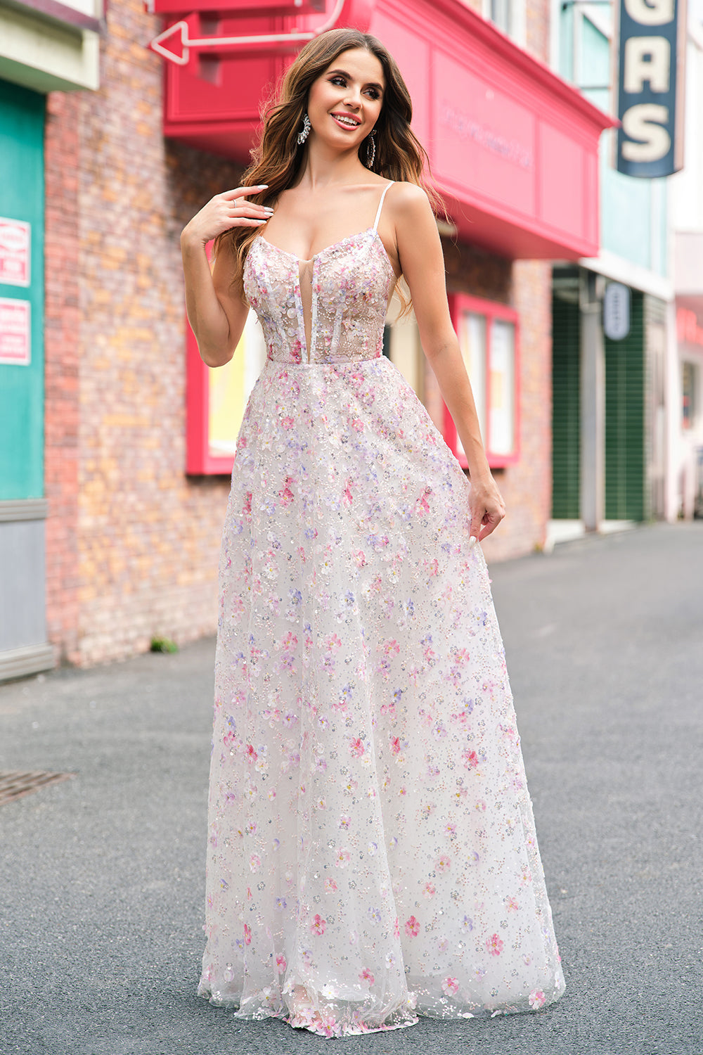 Stylish Pink A Line Spaghetti Straps Floral Beaded Prom Dress with Lace Up Back Stylish Pink A Line Spaghetti Straps Floral Beaded Prom Dress with Lace Up Back