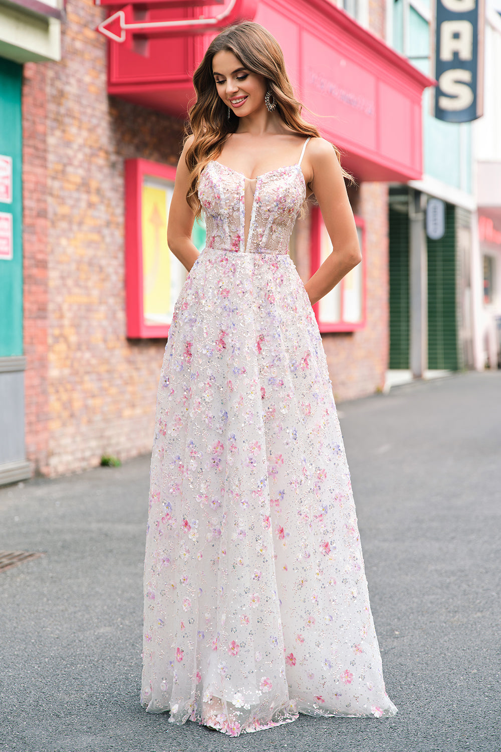 Stylish Pink A Line Spaghetti Straps Floral Beaded Prom Dress with Lace Up Back Stylish Pink A Line Spaghetti Straps Floral Beaded Prom Dress with Lace Up Back