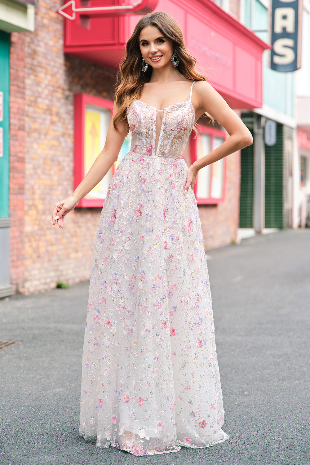 Stylish Pink A Line Spaghetti Straps Floral Beaded Prom Dress with Lace Up Back Stylish Pink A Line Spaghetti Straps Floral Beaded Prom Dress with Lace Up Back