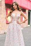 Stylish Pink A Line Spaghetti Straps Floral Beaded Prom Dress with Lace Up Back Stylish Pink A Line Spaghetti Straps Floral Beaded Prom Dress with Lace Up Back