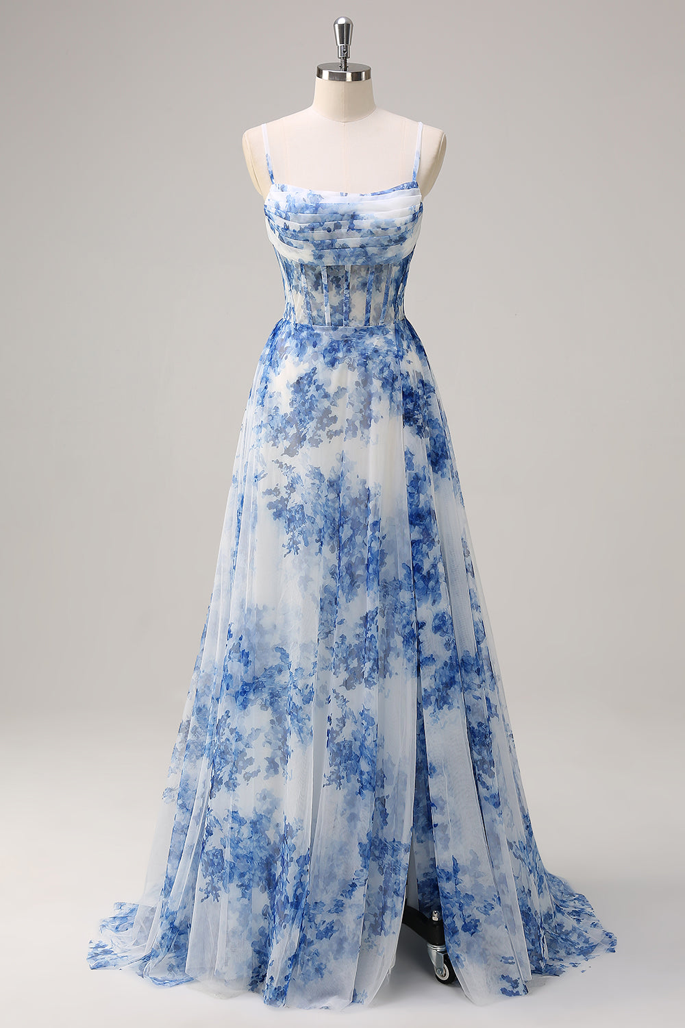 ZAPAKASA Women White Blue Flower Ruche Prom Dress Spaghetti Straps Corset Evening Dress with Slit ZAPAKASA Women White Blue Flower Ruche Prom Dress Spaghetti Straps Corset Evening Dress with Slit