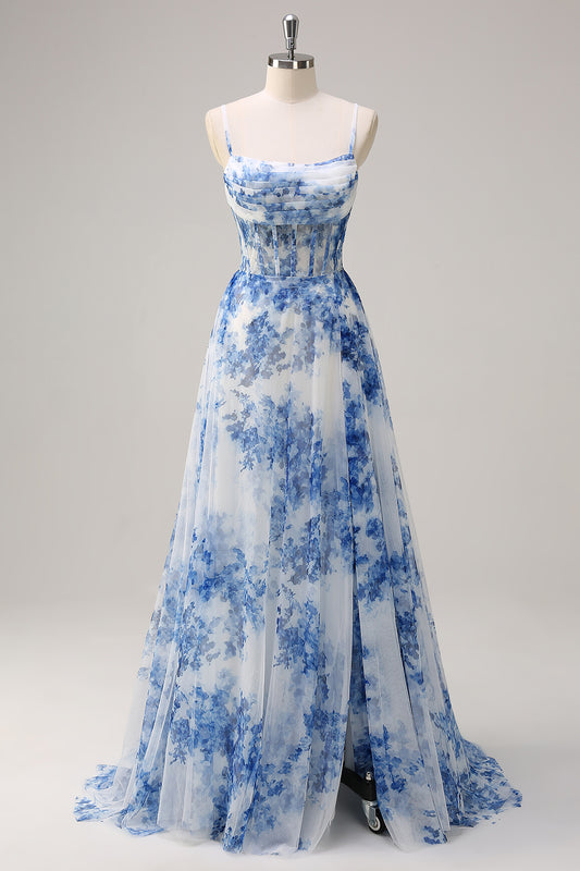 White Blue Flower Ruche Prom Dress Spaghetti Straps Corset Evening Dress with Slit