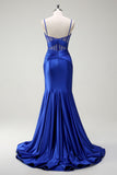 Royal Blue Mermaid Spaghetti Straps Satin Corset Long Prom Dress with Slit Royal Blue Mermaid Spaghetti Straps Satin Corset Long Prom Dress with Slit