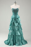 Tiered Ruffles Peacock Green Strapless Long Prom Dress with Beading Tiered Ruffles Peacock Green Strapless Long Prom Dress with Beading