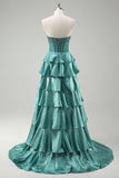 Tiered Ruffles Peacock Green Strapless Long Prom Dress with Beading Tiered Ruffles Peacock Green Strapless Long Prom Dress with Beading