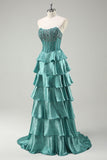 Tiered Ruffles Peacock Green Strapless Long Prom Dress with Beading Tiered Ruffles Peacock Green Strapless Long Prom Dress with Beading